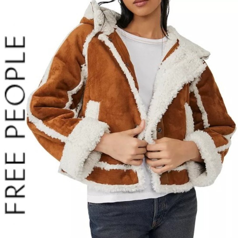 FREE PEOPLE VEGAN Leather Shearling SHERPA HOODED Jacket